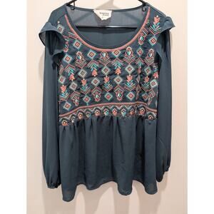 Peplum Shirt Savanna Jane Women's Size 1X Top Green Geometric Embroidered Boho